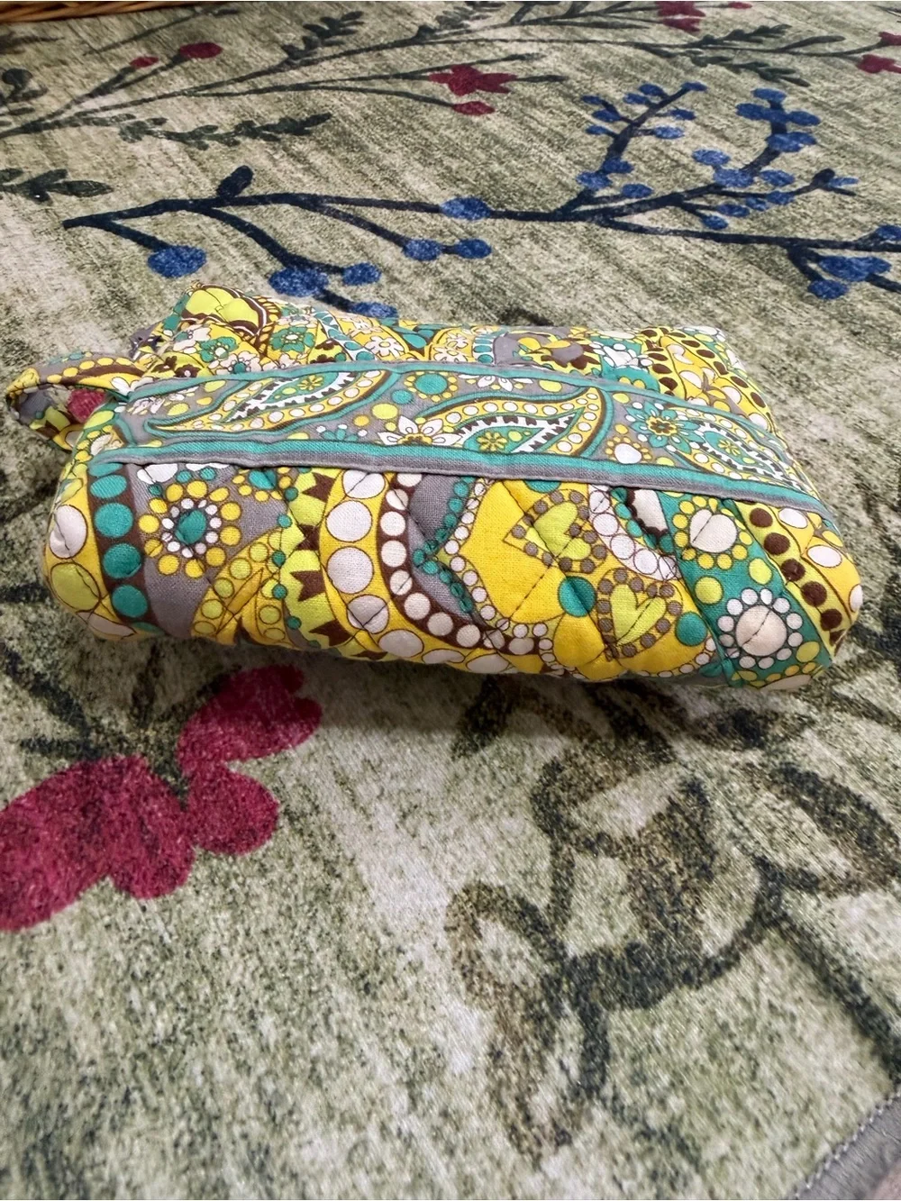 Vintage Vera Bradley Yellow Teal Paisley Quilted Zip Cosmetic Bag Pouch